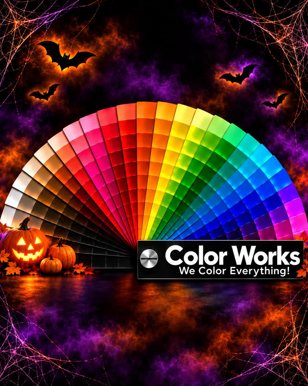 Halloween Color Works artwork with a colorful paint fan, pumpkins, bats, and the Color Works logo